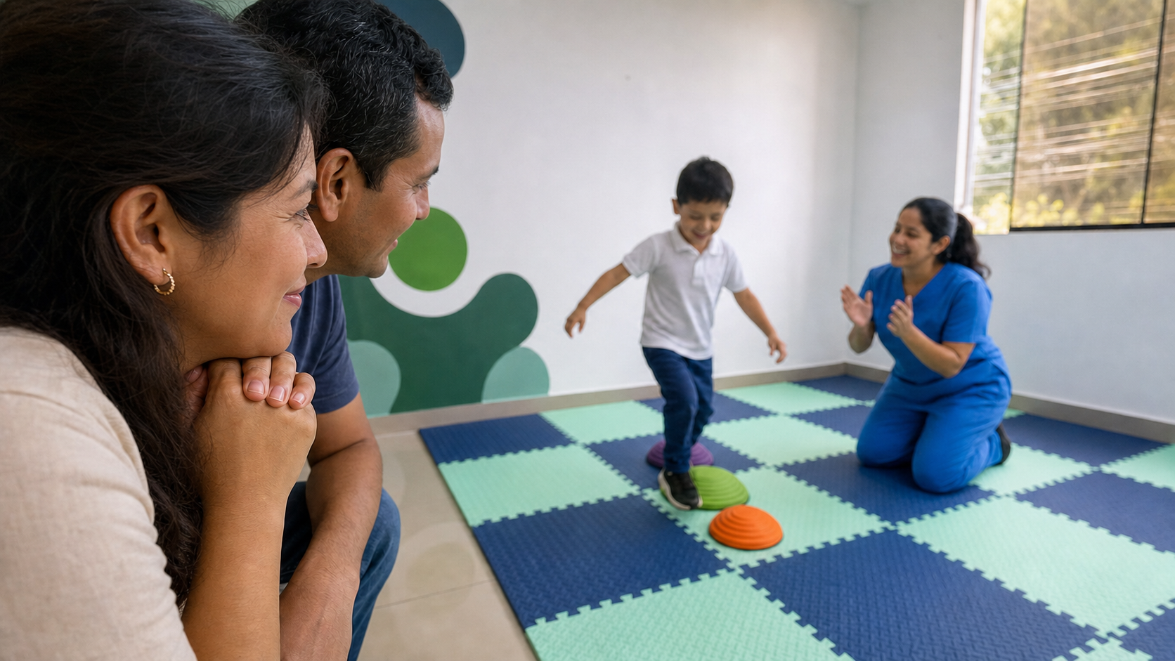 Padres observan con emoción a su hijo mientras desarrolla una nueva habilidad acompañado por una psicóloga