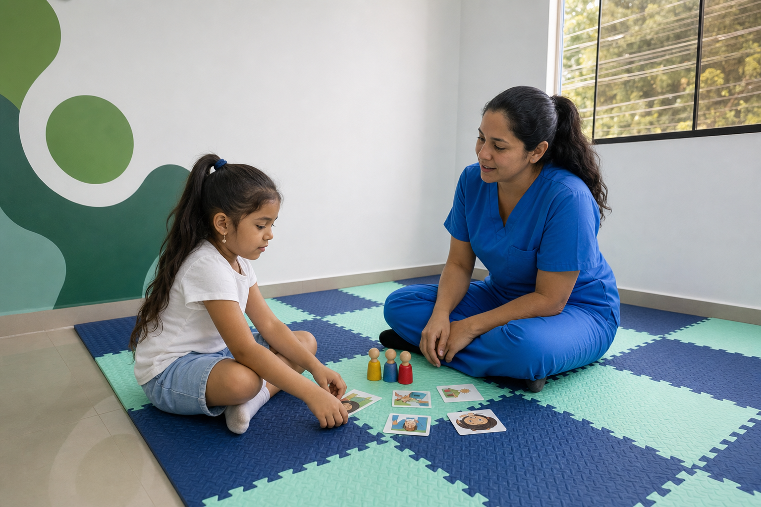 Psicóloga sentada a la altura de una niña, acompañándola con paciencia durante una actividad
