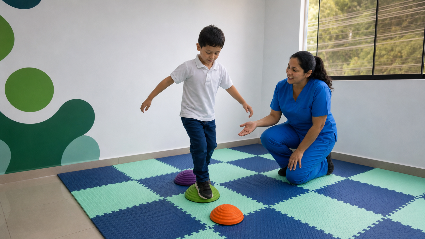 Niño supera un reto de equilibrio con el acompañamiento paciente de una psicóloga