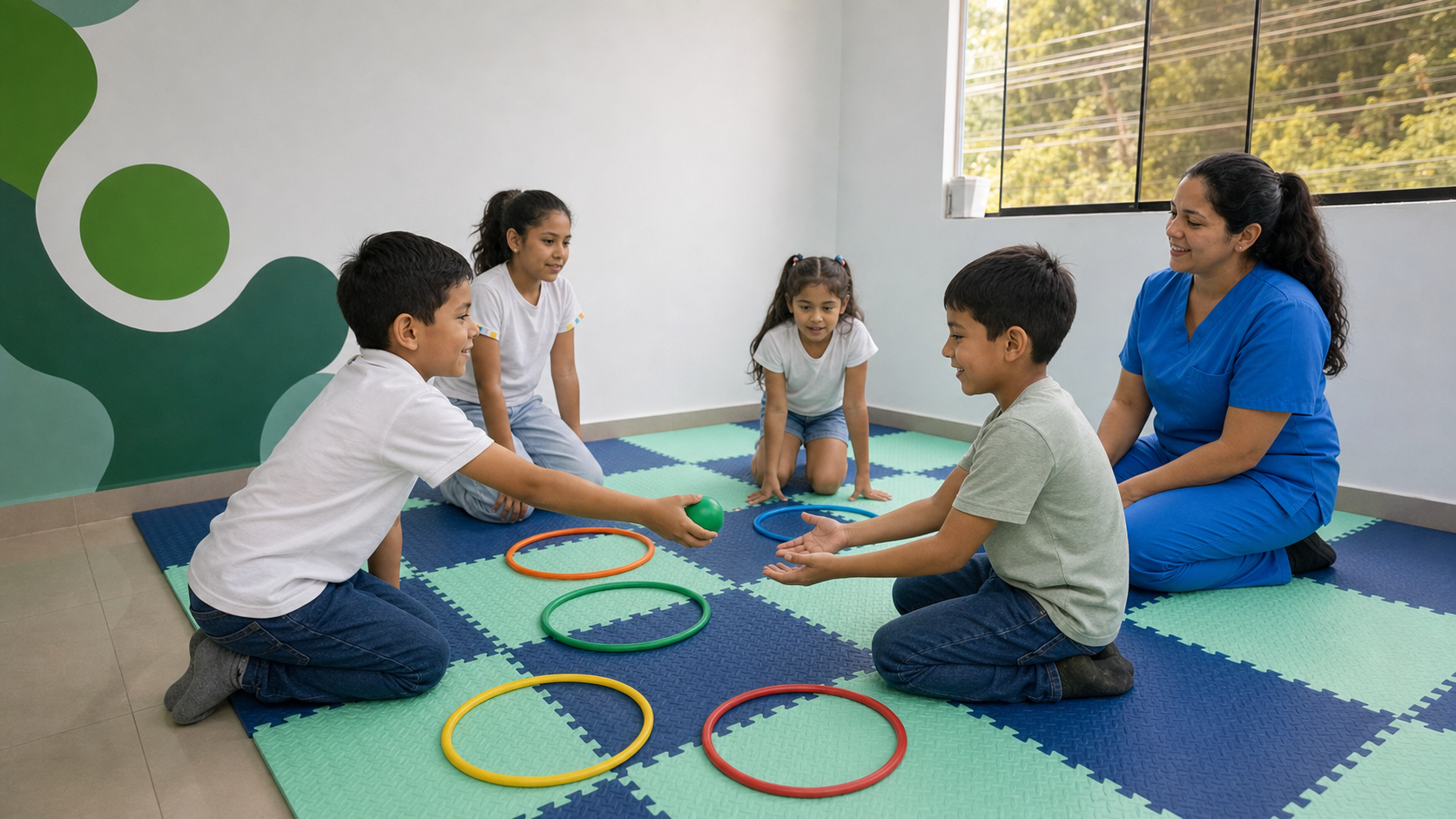 Niños participan en una actividad cooperativa acompañados por una psicóloga