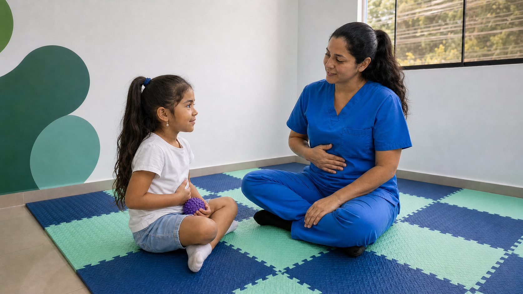 Niña practica una técnica de calma manteniendo contacto visual con su psicóloga